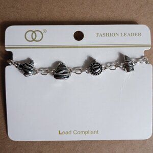 Silver Tone Makeup Theme Charm Bracelet Zebra Lipstick Perfume Purse Watch Heart